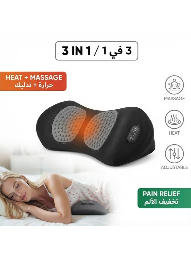 وسادة دعم قطنية كهربائية 3 في 1 مع ارتفاع قابل للتعديل للسرير والكرسي، جهاز تدليك للظهر مع حرارة، وسادة دعم للظهر لتخفيف آلام أسفل الظهر، دعامة خصر (أسود) - Image 1